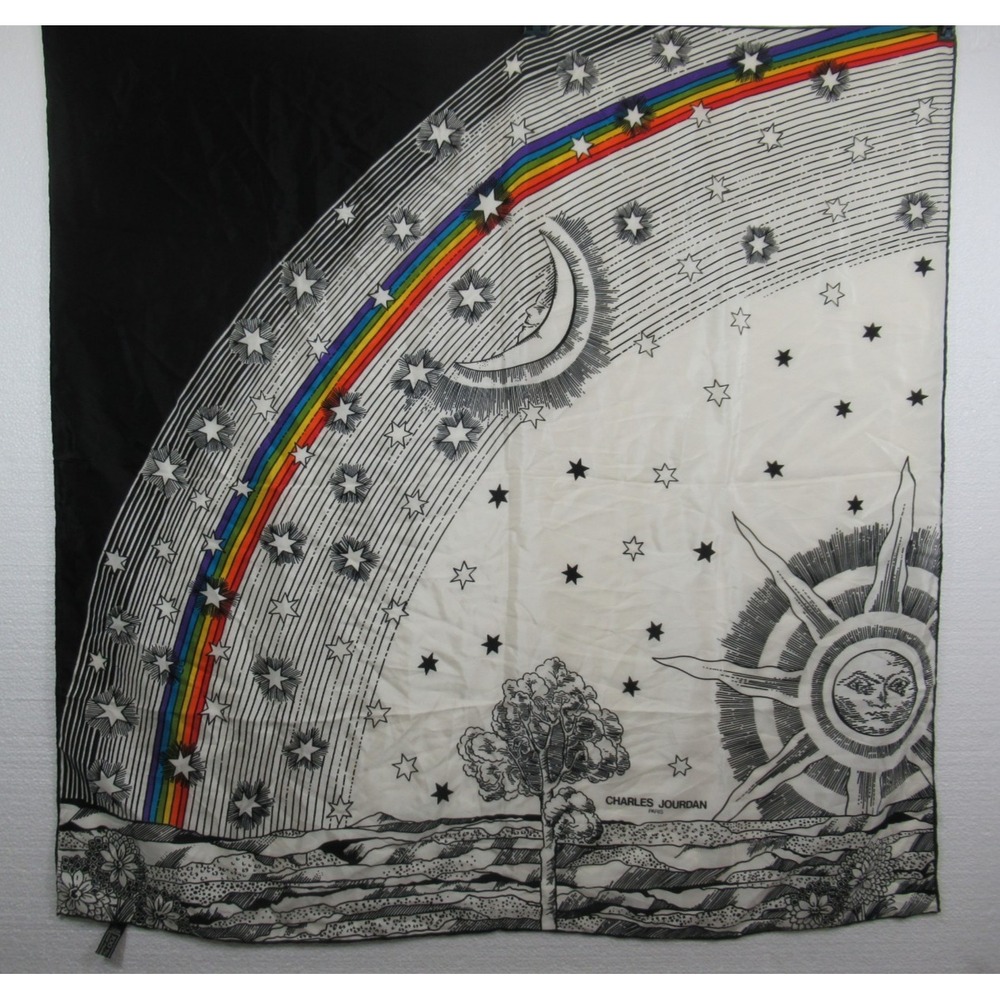 Vintage Charles Jourdan Paris Rainbow Silk Scarf Square 33" Sun Moon Stars